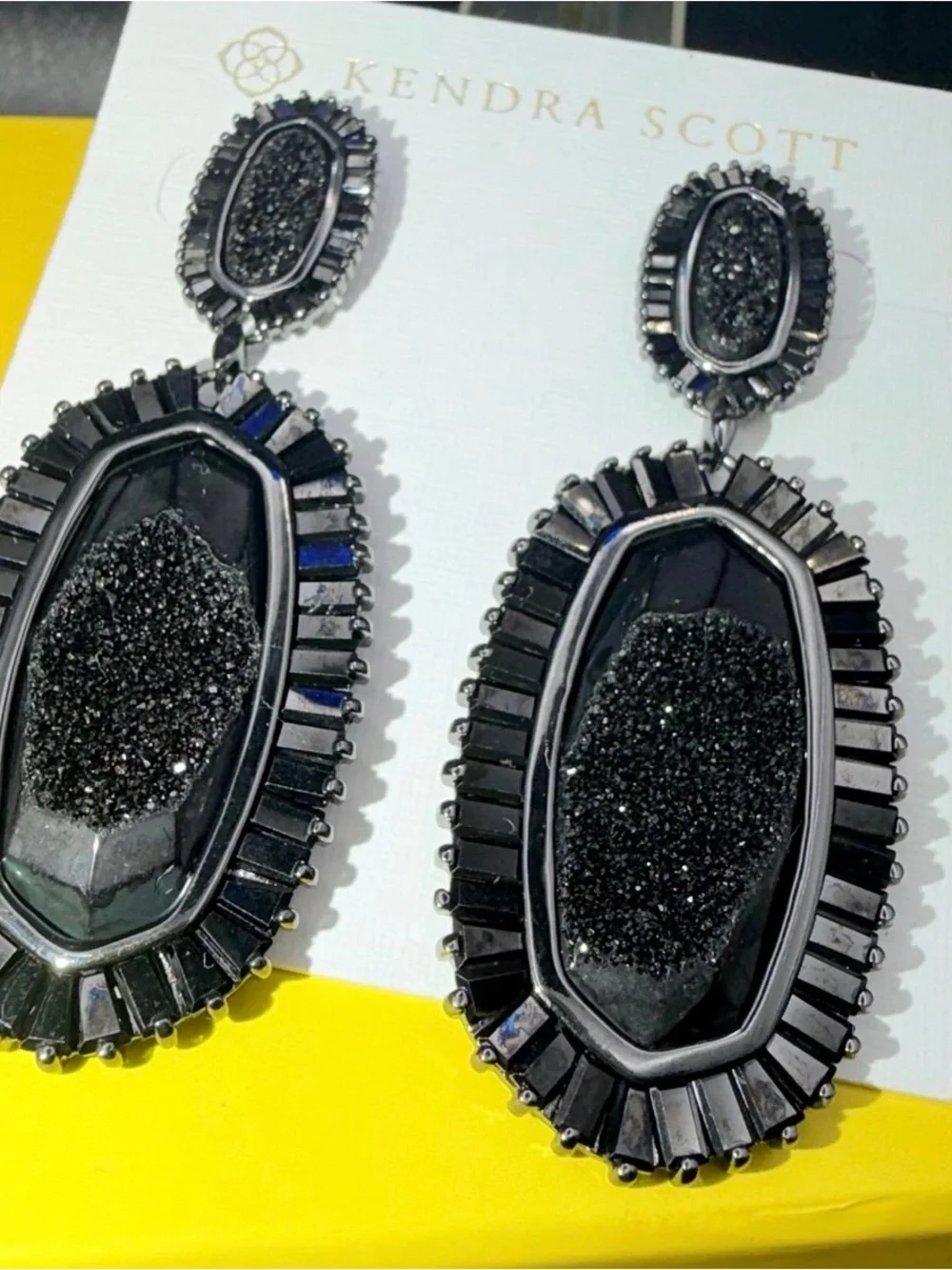 Kendra Scott Black Drusy Statement Earrings Gold Rare Retired Luxe Glam Bold - Picture 8 of 8